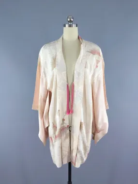 1950s Vintage Silk Kimono Cardigan / Embroidered Fans