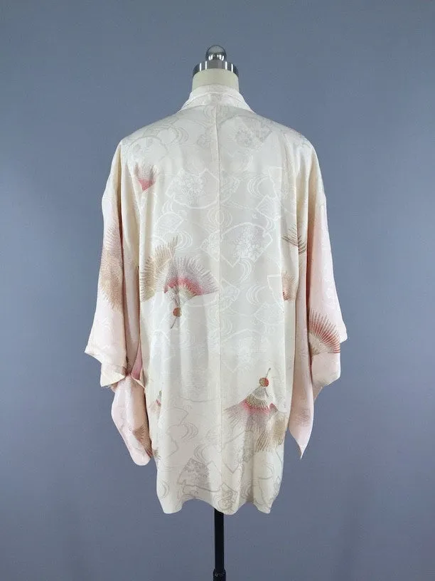 1950s Vintage Silk Kimono Cardigan / Embroidered Fans