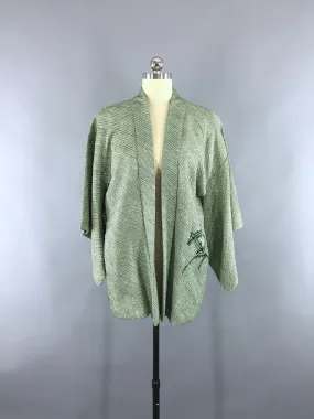 1960s Vintage Silk Haori Kimono Cardigan Jacket with Dark Forest Green Shibori