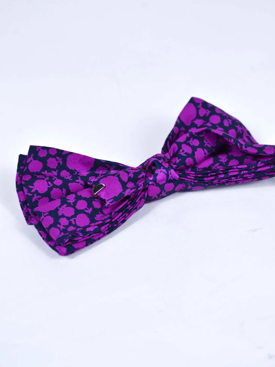 1980s silk bow tie with violet flowery print on black background