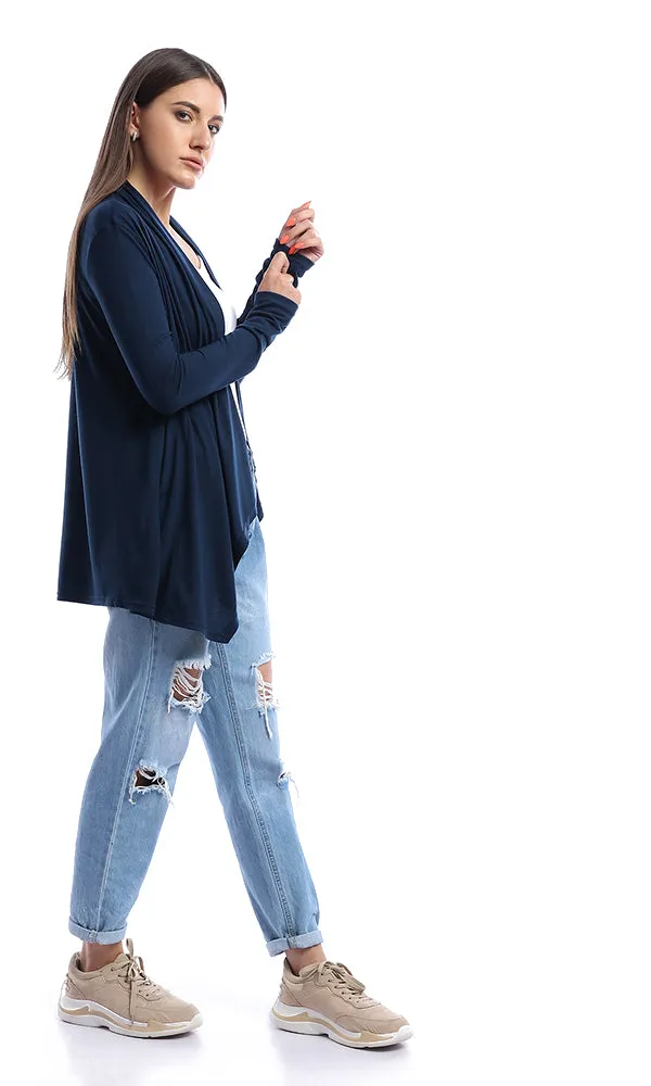 53517 Amber Navy Blue Ribbed Long Sleeve Cardigan