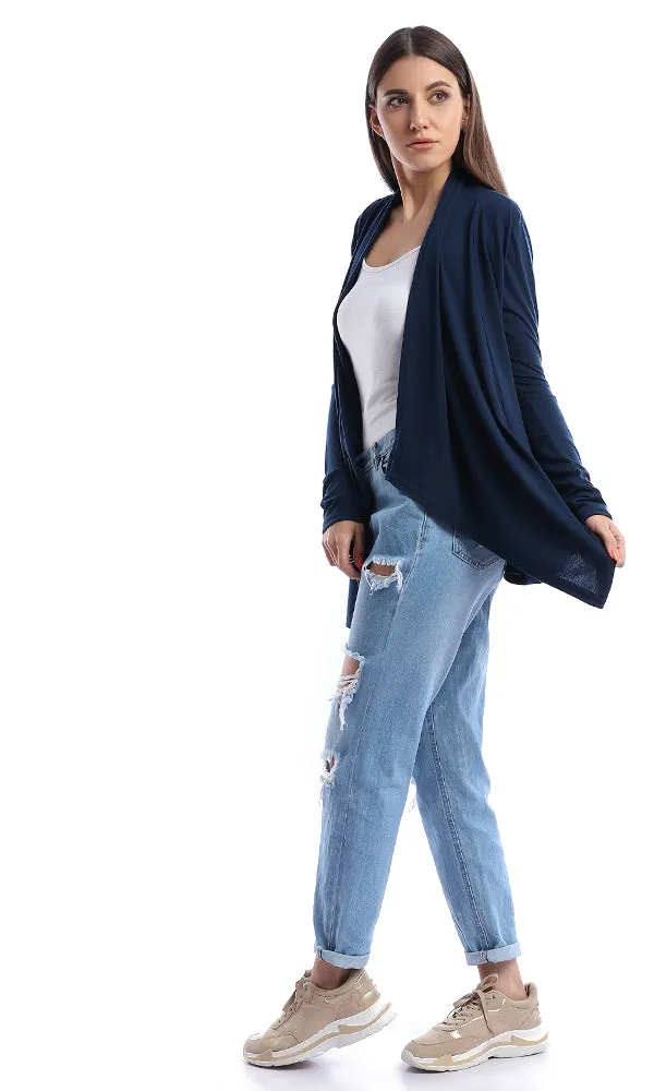 53517 Amber Navy Blue Ribbed Long Sleeve Cardigan