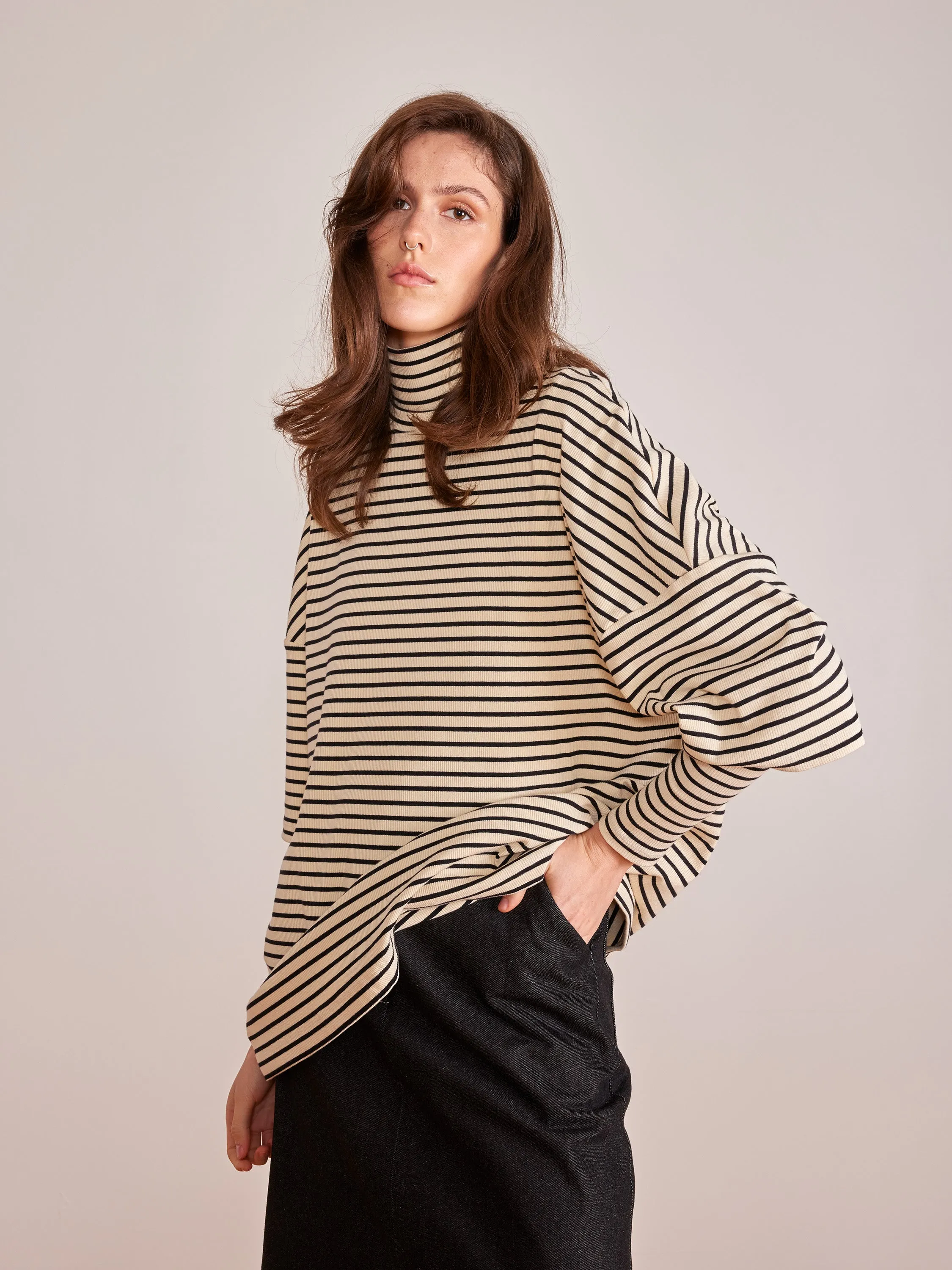 ADAMO black and cream stripes mock neck