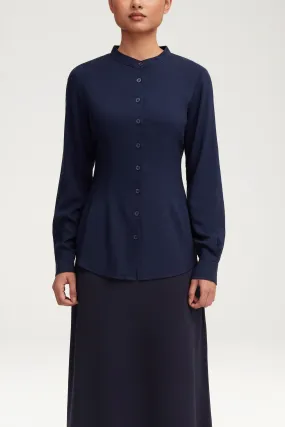 Adina Fitted Button Down Top - Navy Blue