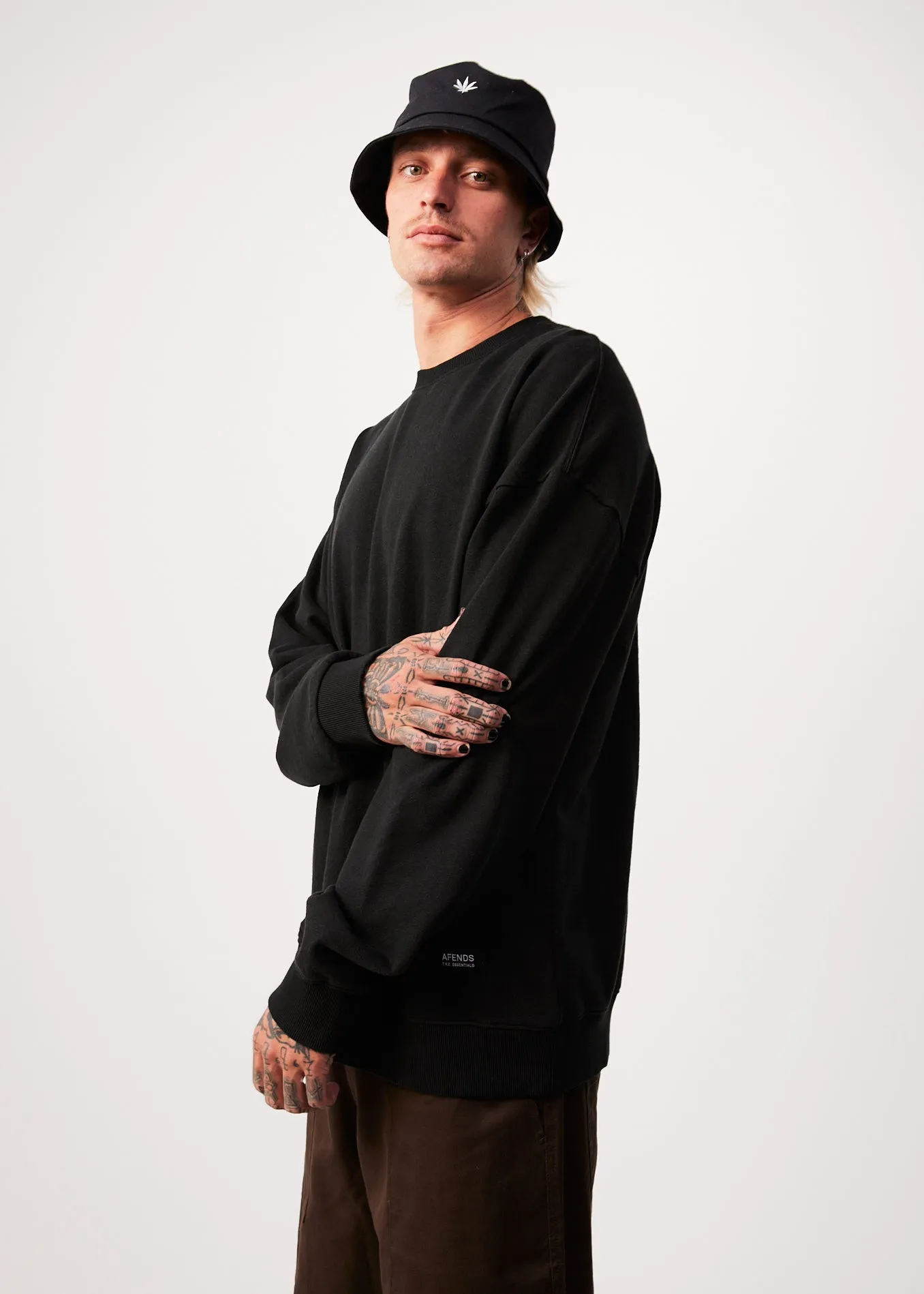 AFENDS Mens Sativa - Oversized Crew Neck Jumper - Black