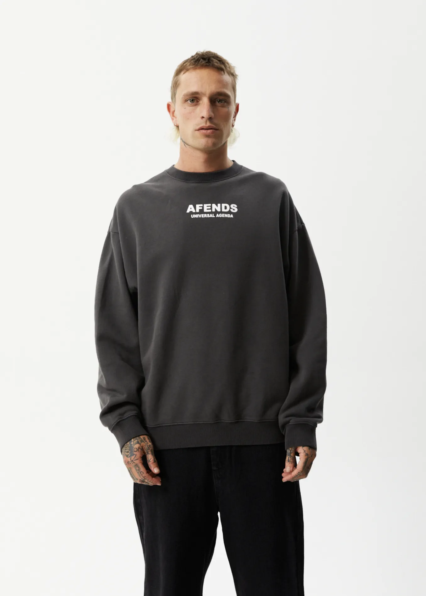 AFENDS Mens Universal - Crew Neck Jumper - Stone Black