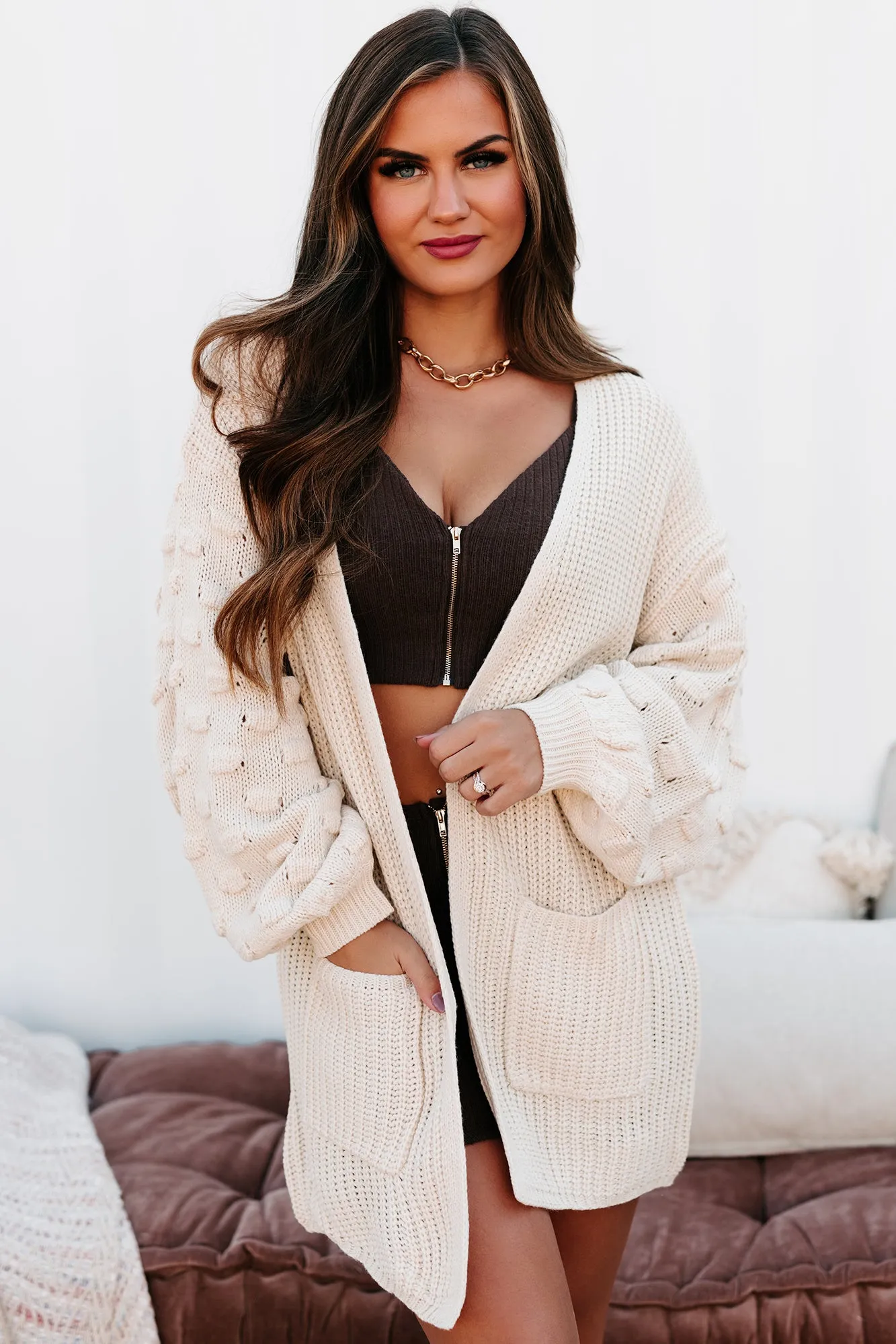 All That Matters Textured Sleeve Cardigan (Cream White)