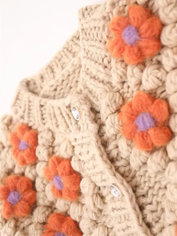 Autumn And Winter Sweater Hand-crocheted Thick Stick Needle Cute Flower Fur Ball Sweet Knitted Coat Sweater Cardigan  C-272