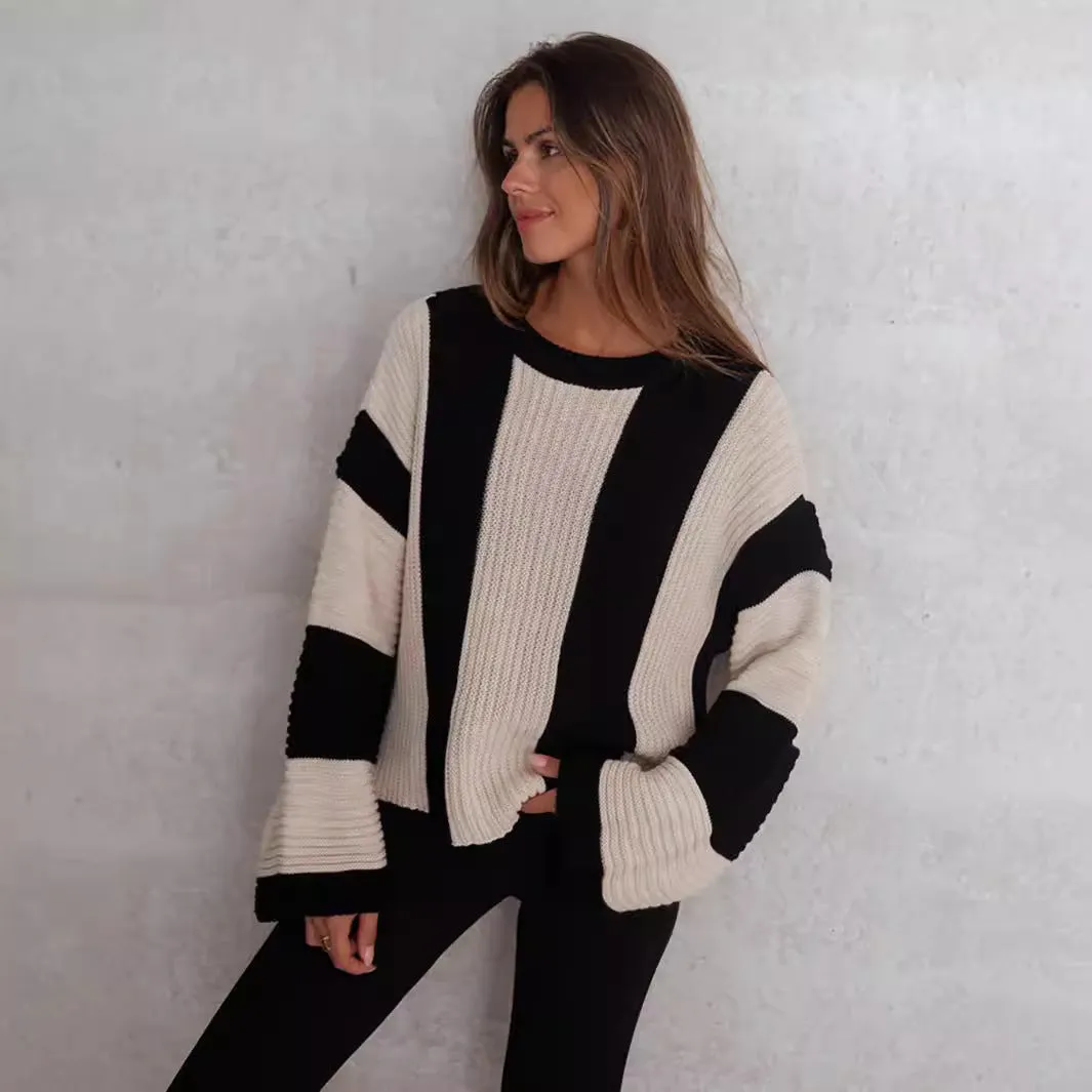 Autumn Winter Sweaters Loose Vertical Stripes Contrast Color round Neck Long Sleeve Sweater Pullover