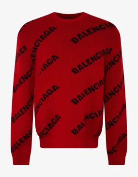 Balenciaga Red Logo Jacquard Crew Neck Sweater