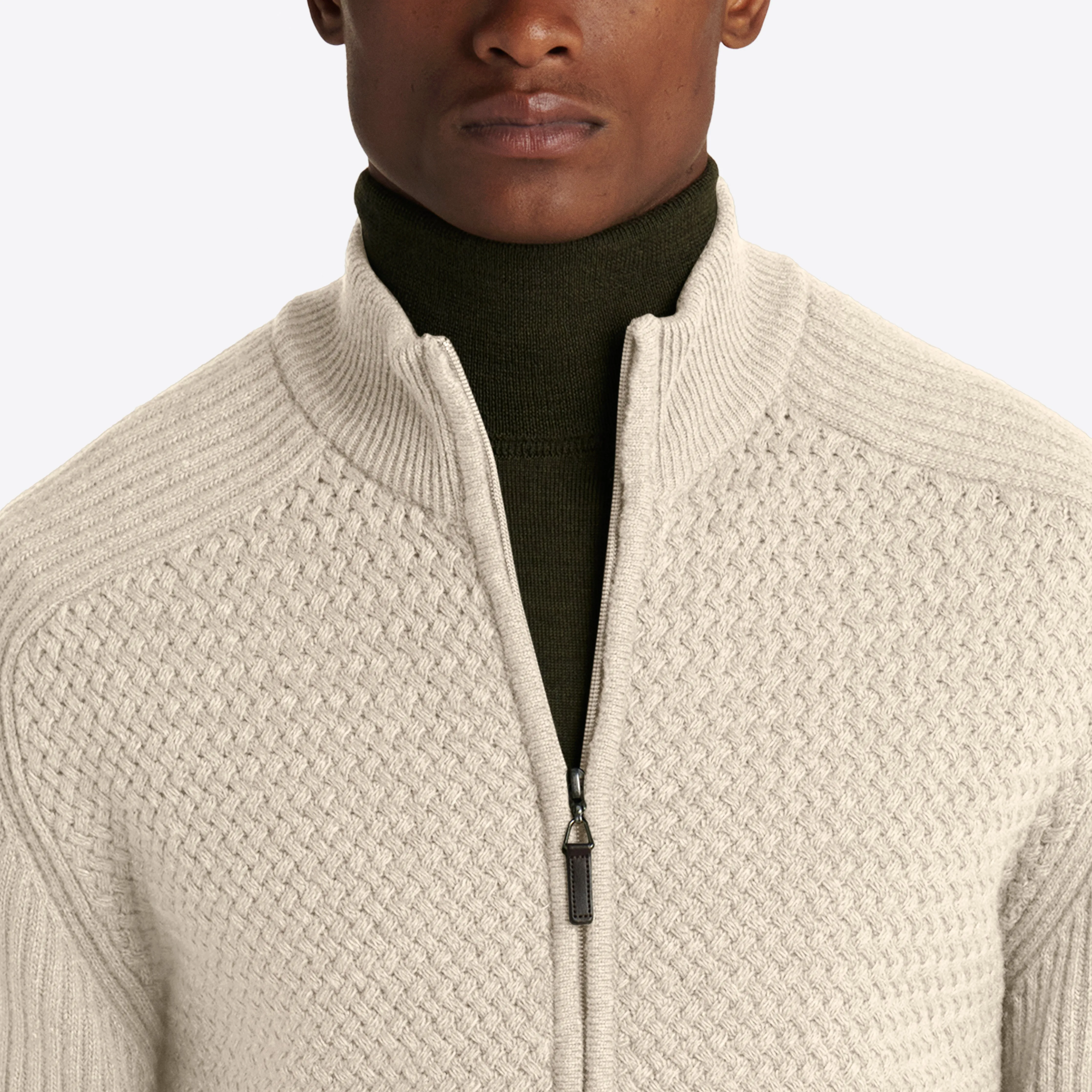 Basketweave Knit Full Zip Mock Neck Sweater