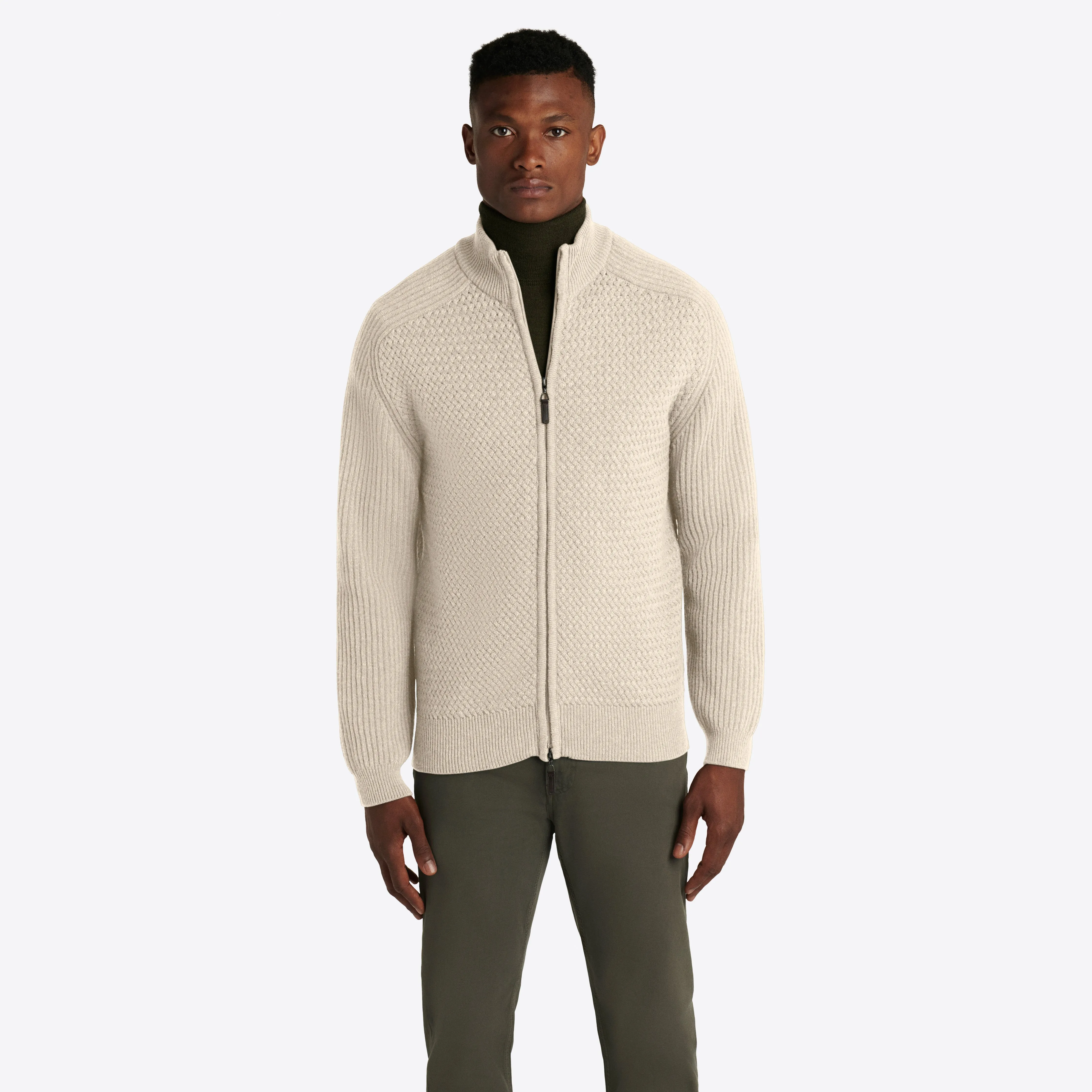 Basketweave Knit Full Zip Mock Neck Sweater