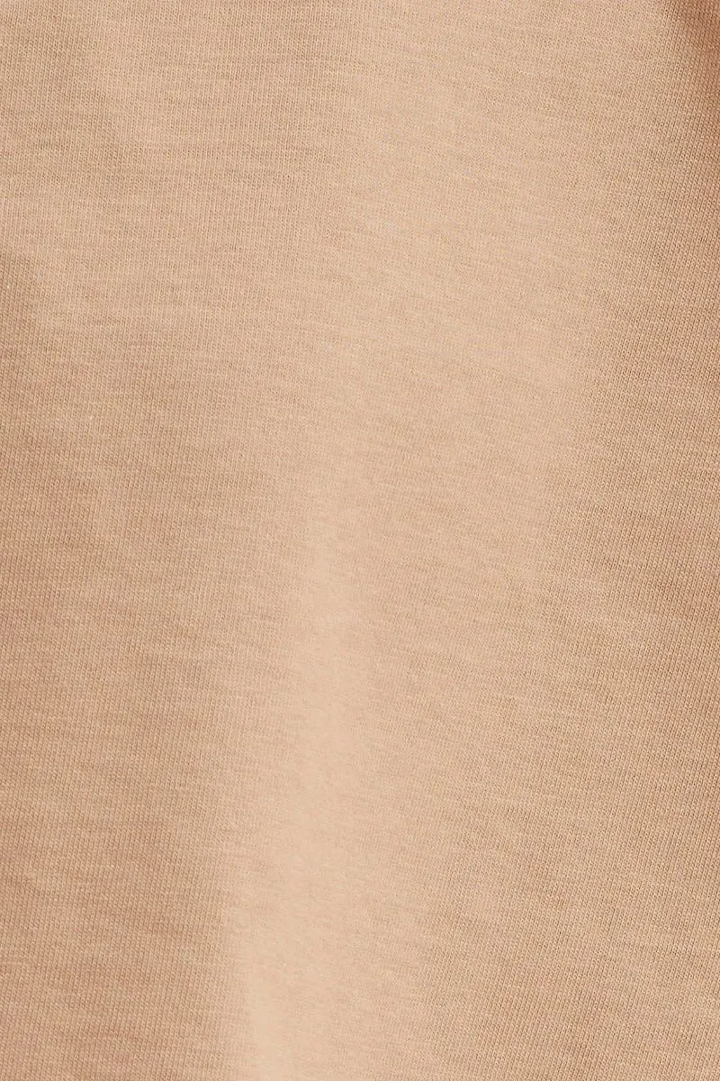 Beige Cropped T-Shirt Crew Neck Short Sleeve Cotton