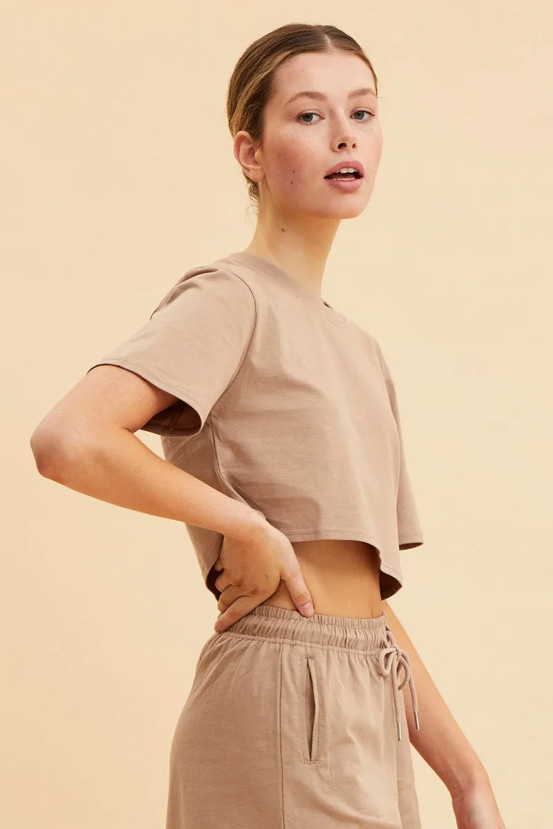 Beige Cropped T-Shirt Crew Neck Short Sleeve Cotton