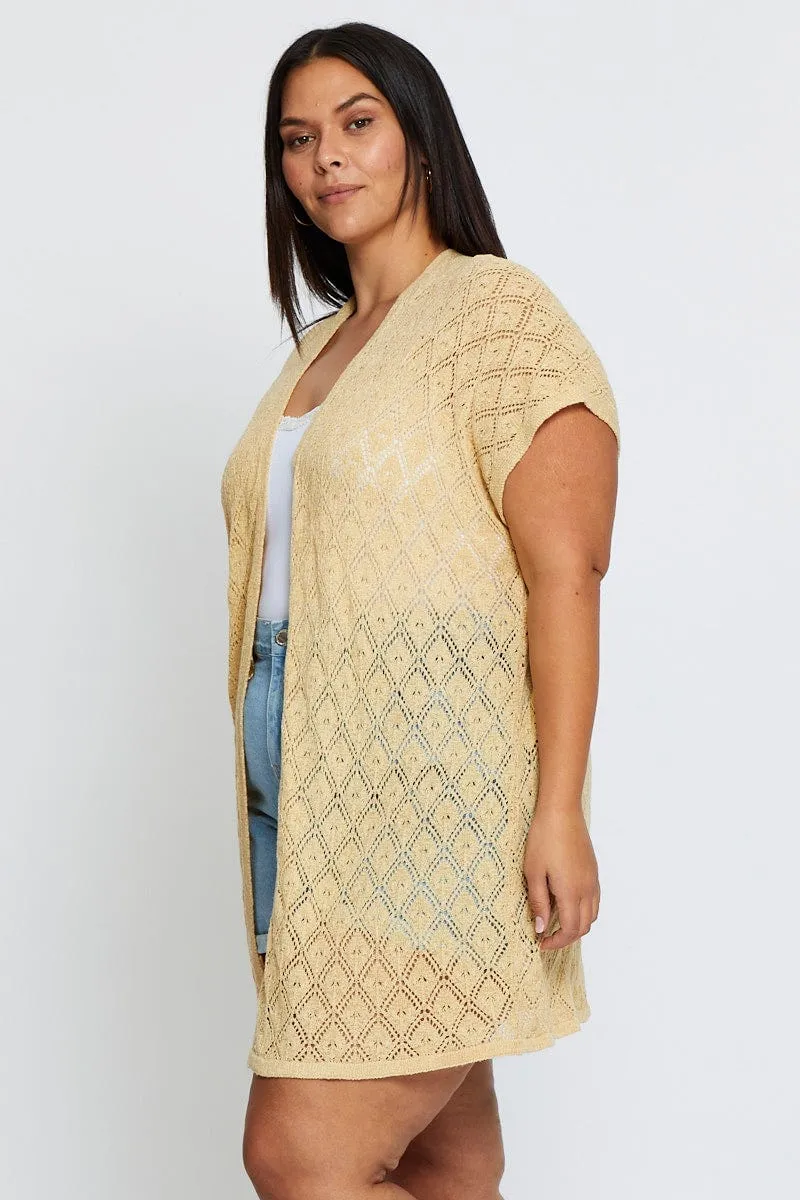 Beige Knit Cardigan Crochet Short Sleeve