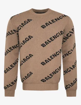 Beige Logo Jacquard Crew Neck Sweater