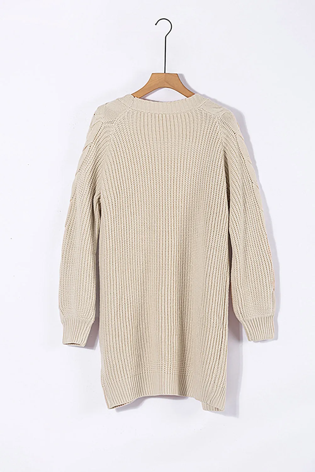 Beige Open Front Cable Sleeve Long Cardigan