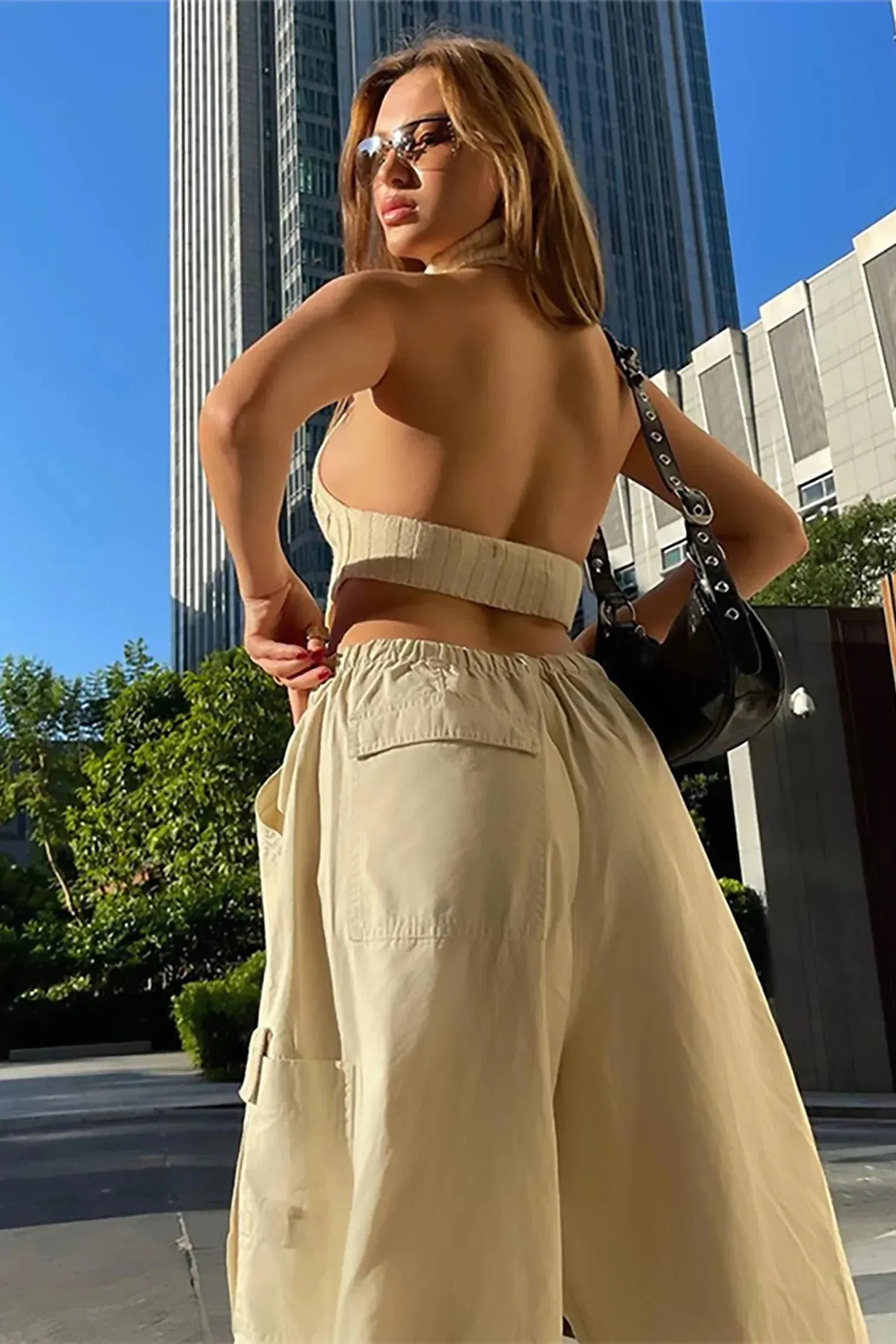 Beige Turtleneck Knitted Cutout Backless Top