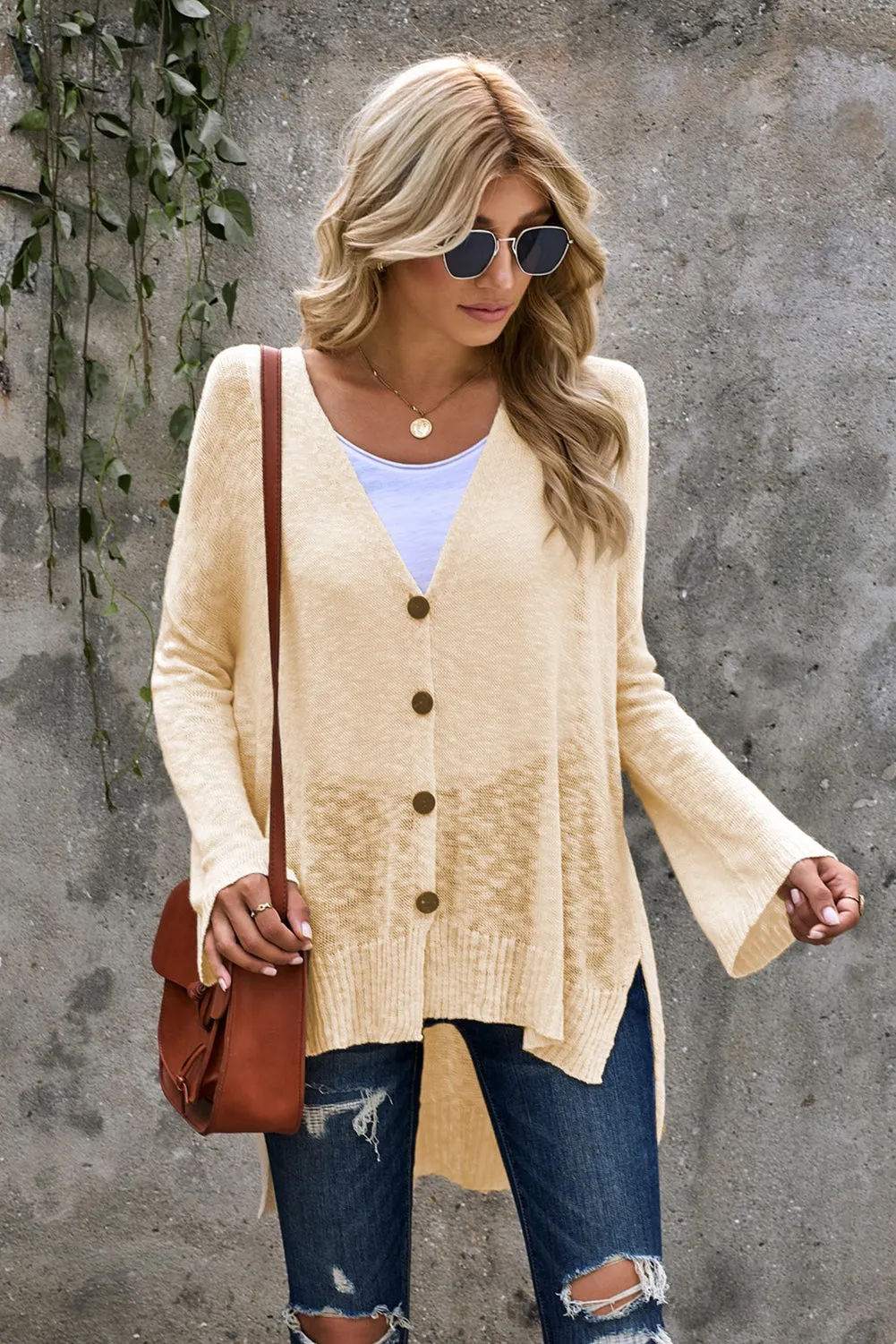 Beige V Neck Buttoned Sheer Knit Cardigan