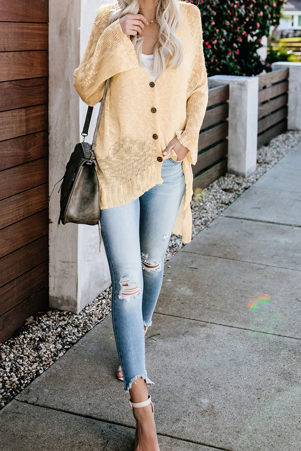 Beige V Neck Buttoned Sheer Knit Cardigan