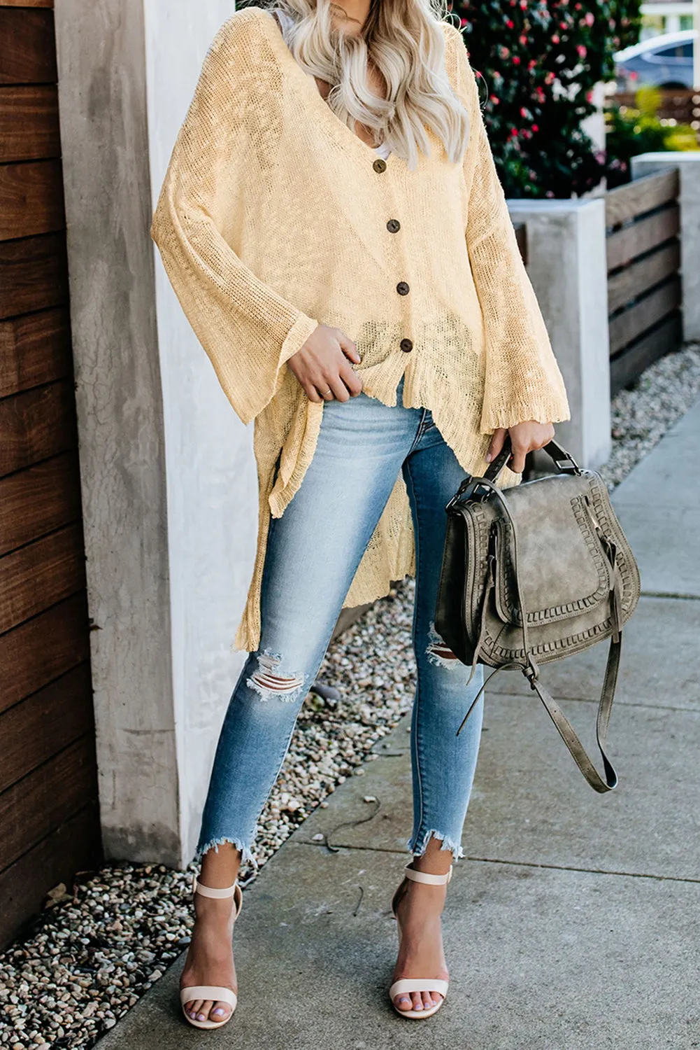 Beige V Neck Buttoned Sheer Knit Cardigan