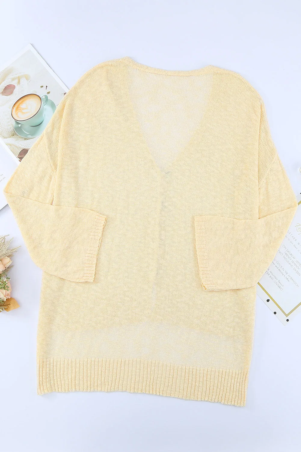 Beige V Neck Buttoned Sheer Knit Cardigan