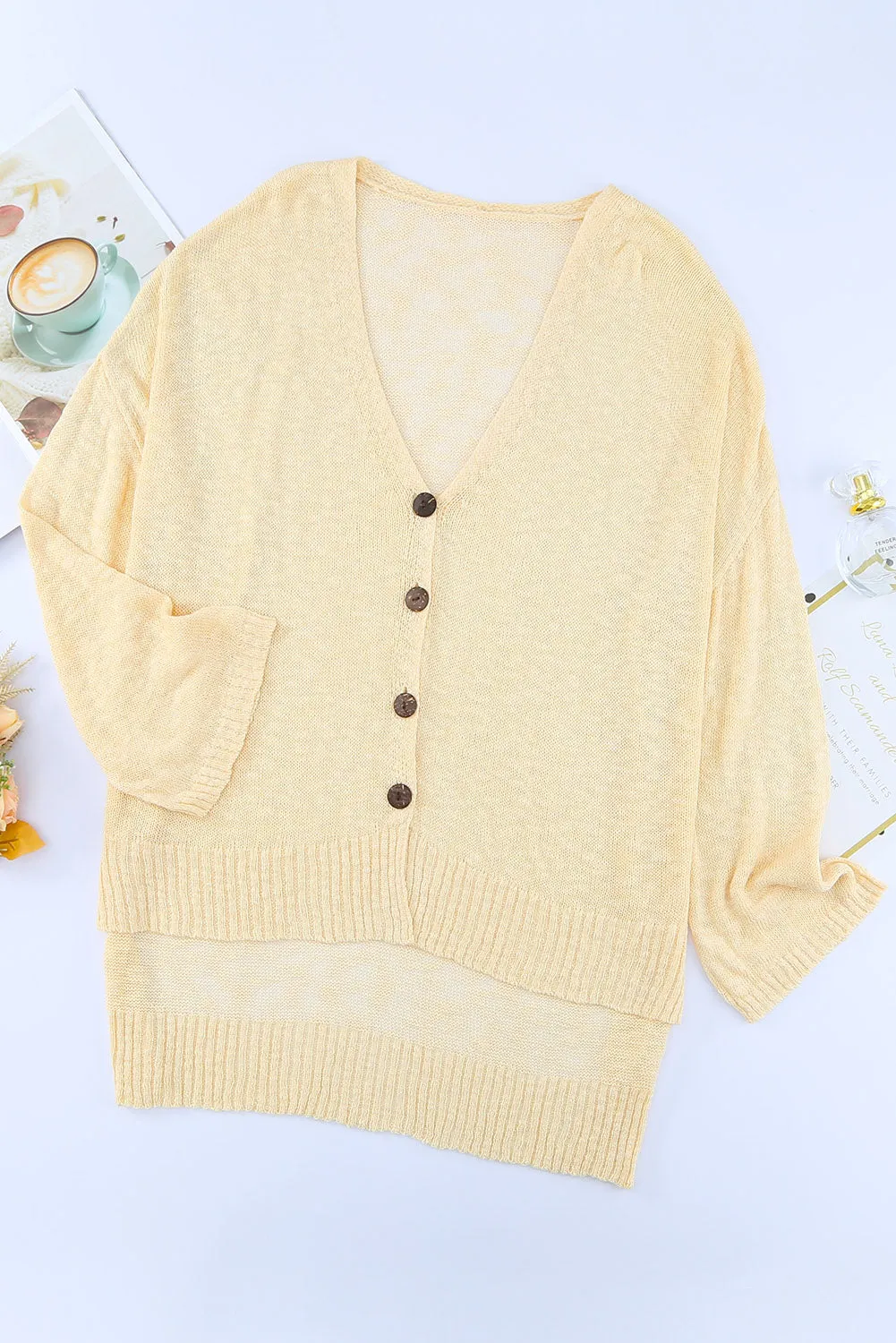 Beige V Neck Buttoned Sheer Knit Cardigan