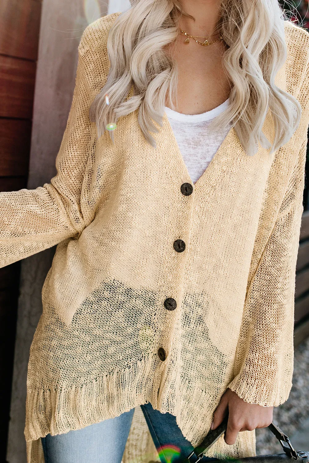 Beige V Neck Buttoned Sheer Knit Cardigan