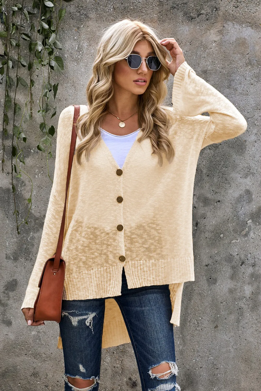 Beige V Neck Buttoned Sheer Knit Cardigan