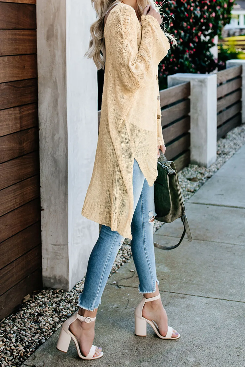 Beige V Neck Buttoned Sheer Knit Cardigan