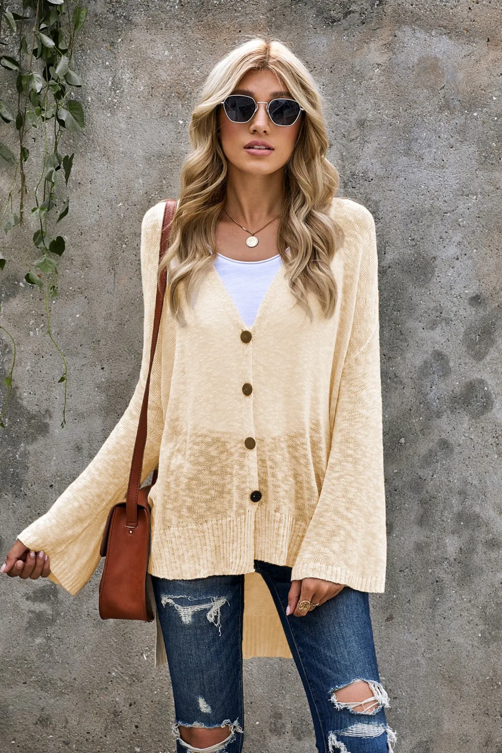 Beige V Neck Buttoned Sheer Knit Cardigan