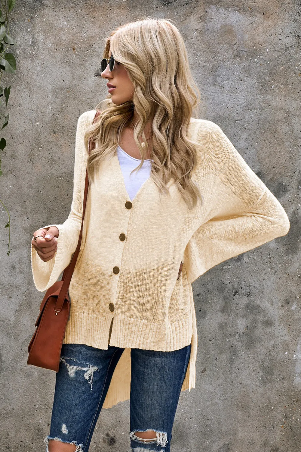 Beige V Neck Buttoned Sheer Knit Cardigan