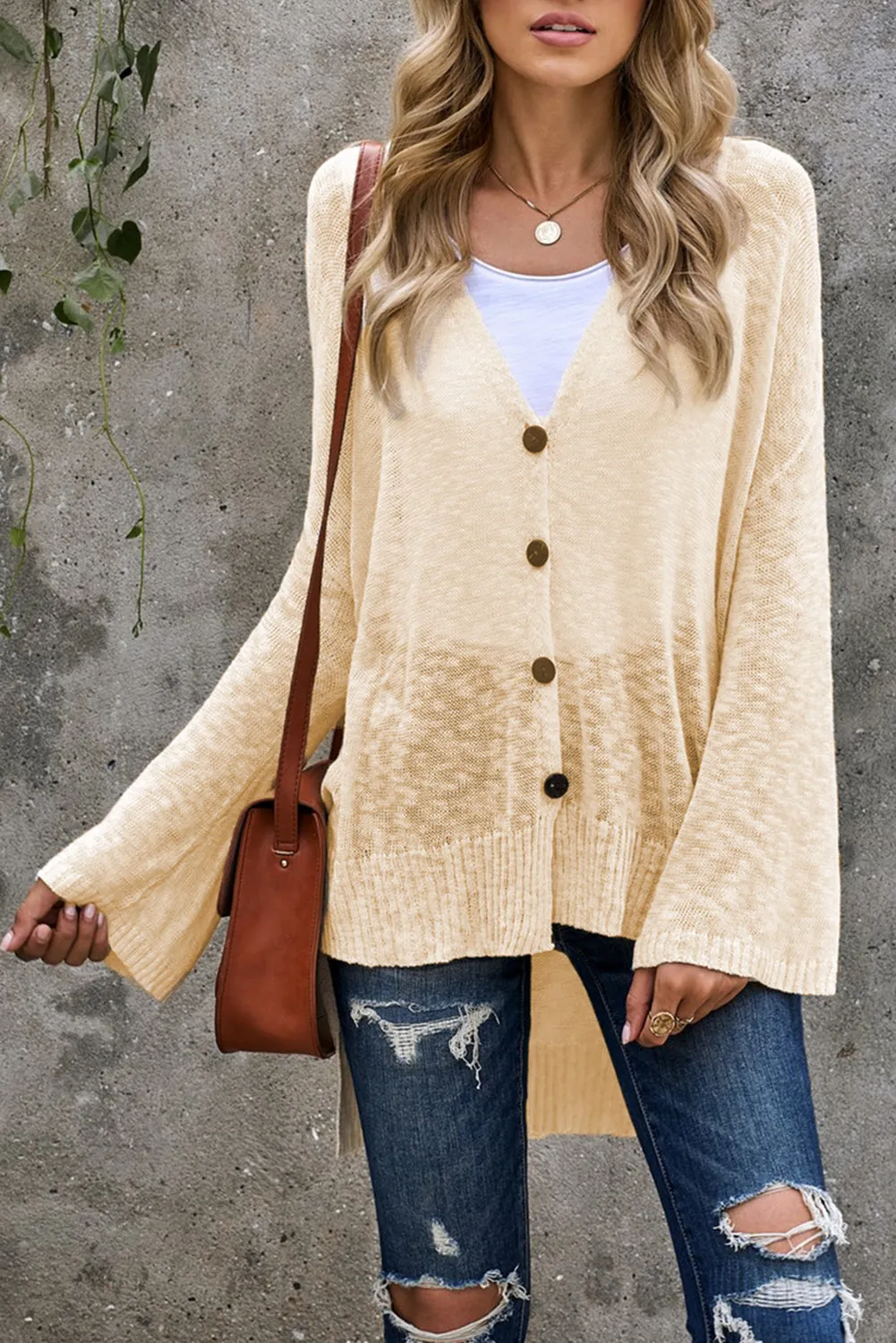 Beige V Neck Buttoned Sheer Knit Cardigan