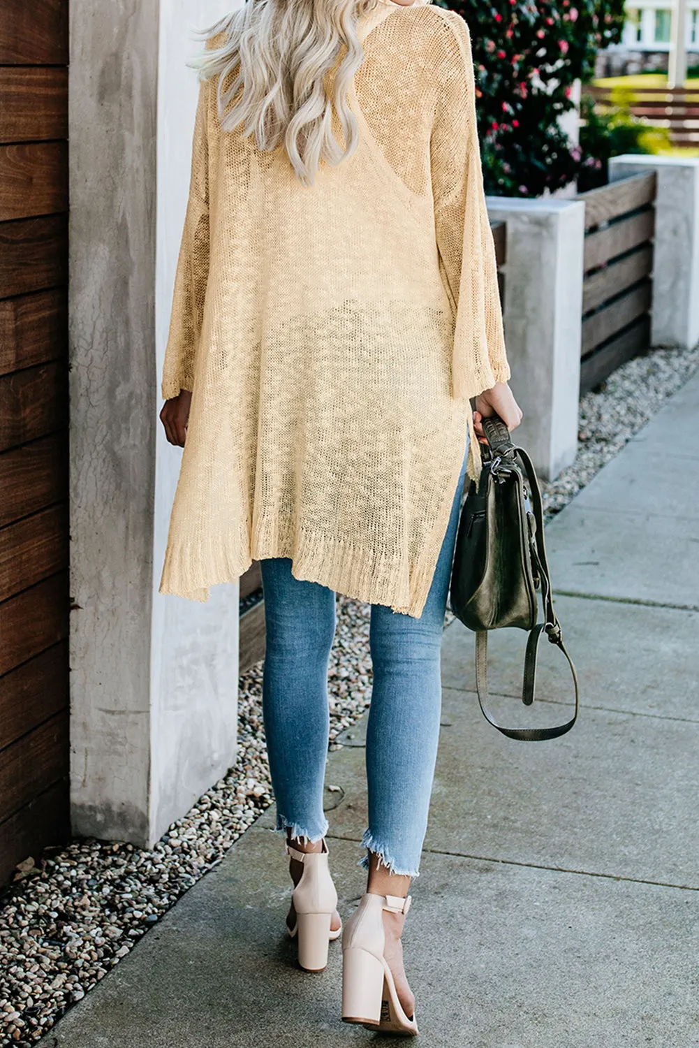 Beige V Neck Buttoned Sheer Knit Cardigan