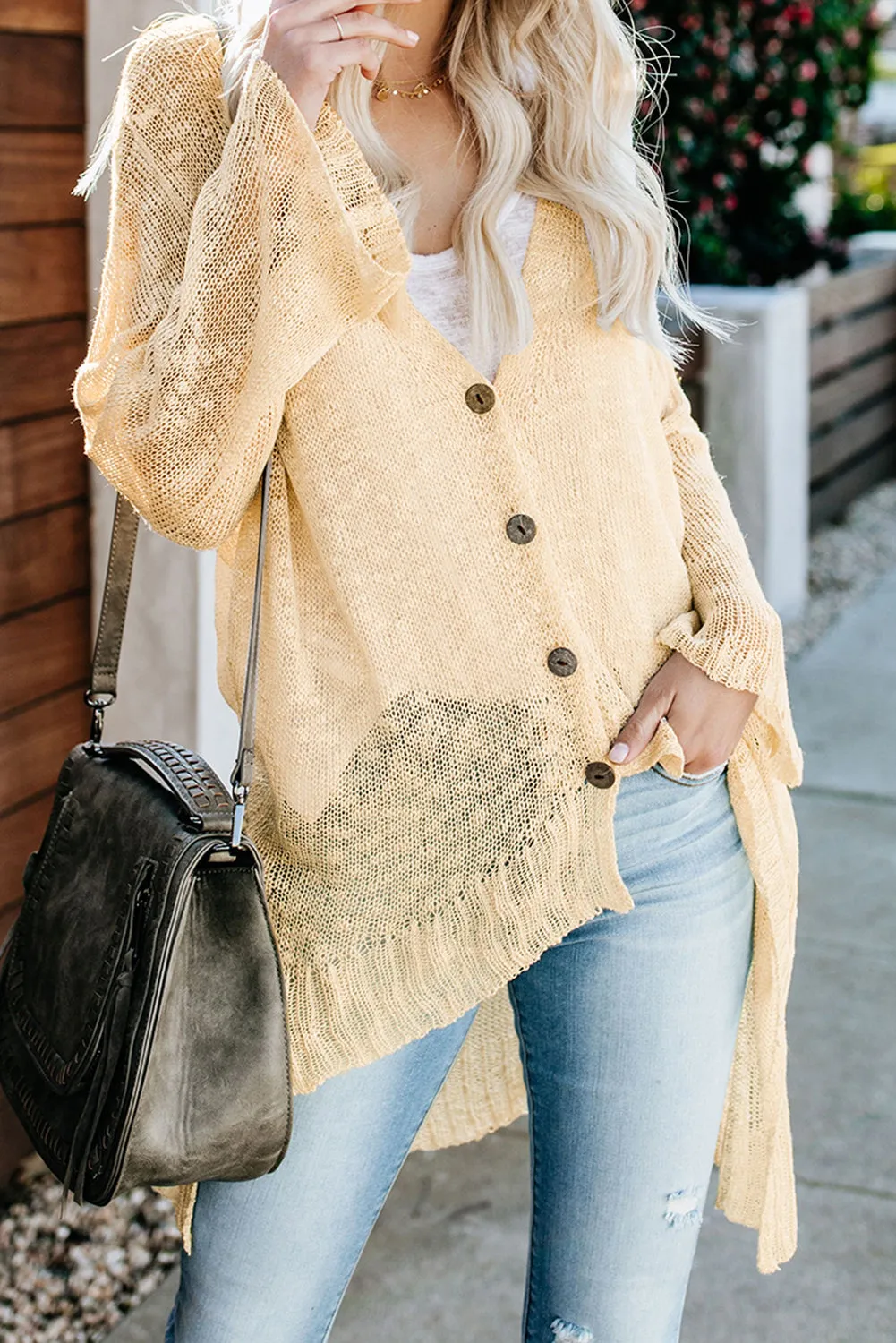 Beige V Neck Buttoned Sheer Knit Cardigan