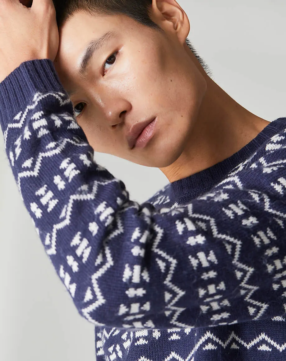 BERGER FOLK FAIR ISLE KNIT MENS CREW NECK JUMPER | NAVY