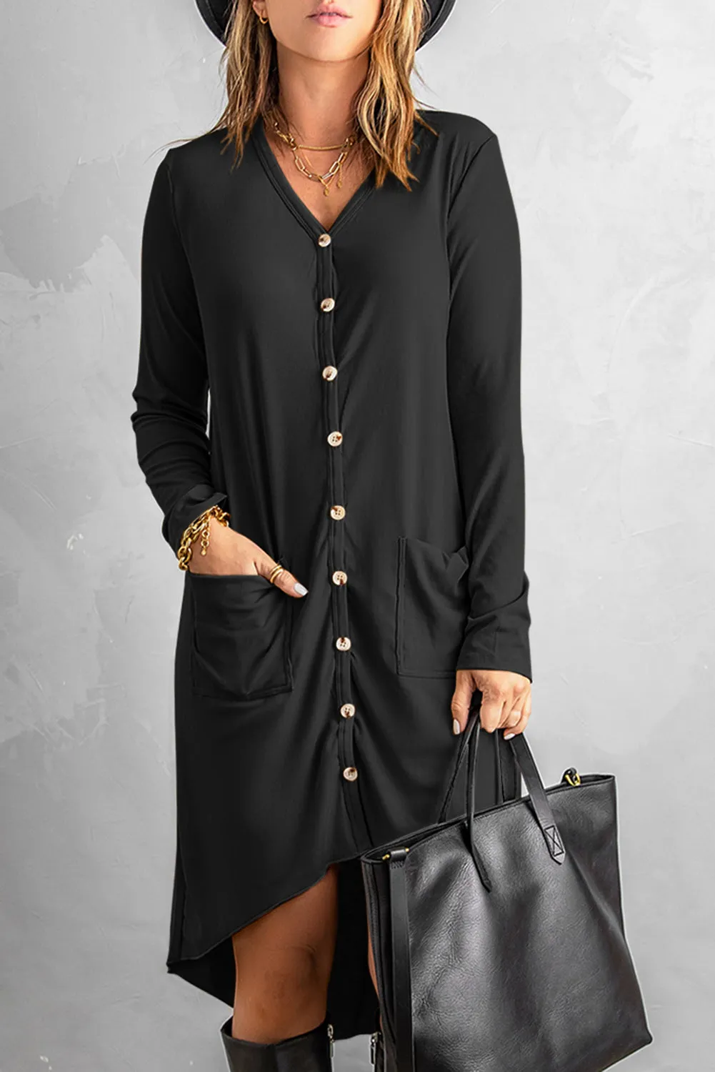 Black Button Down High Low Casual Cardigan