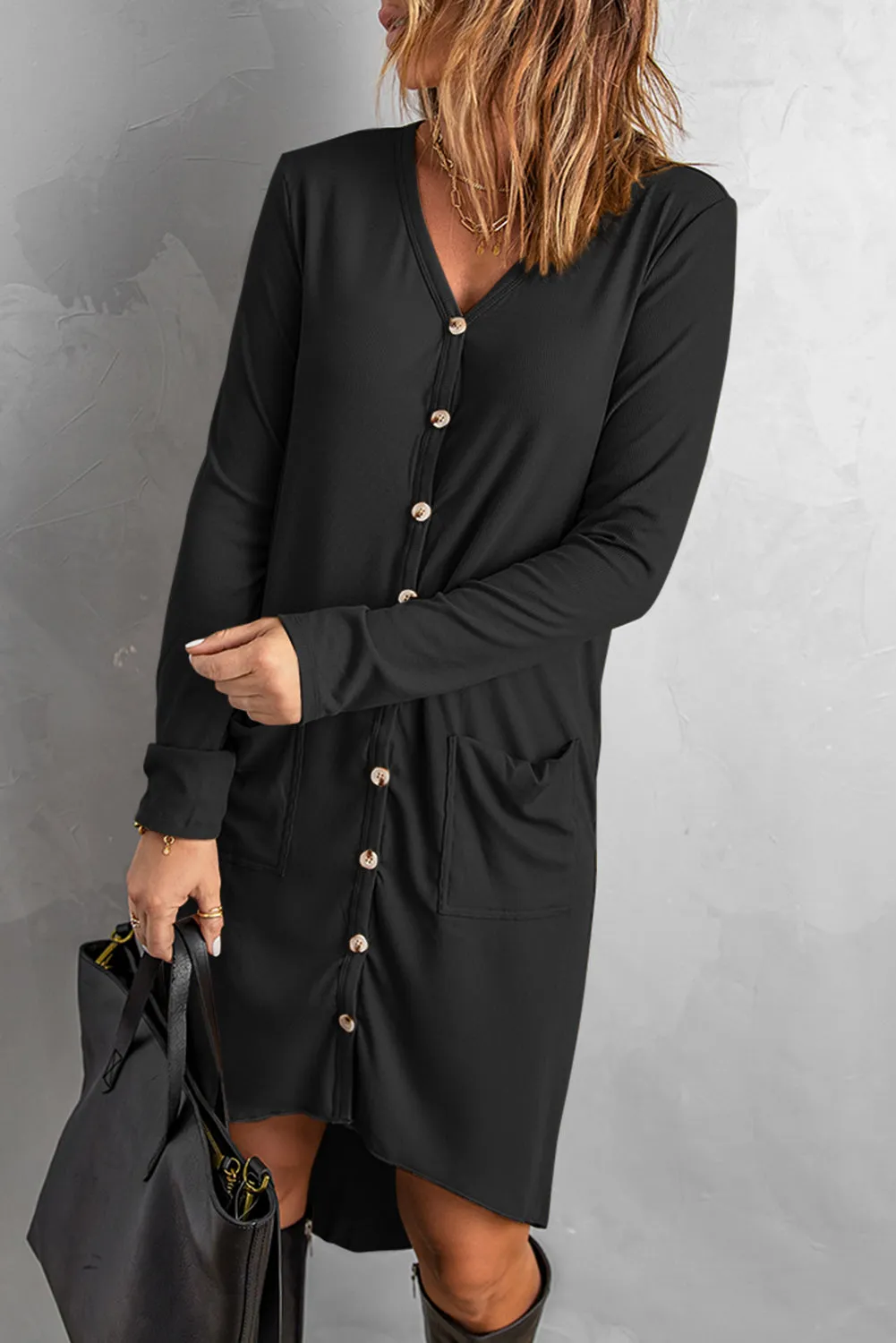 Black Button Down High Low Casual Cardigan