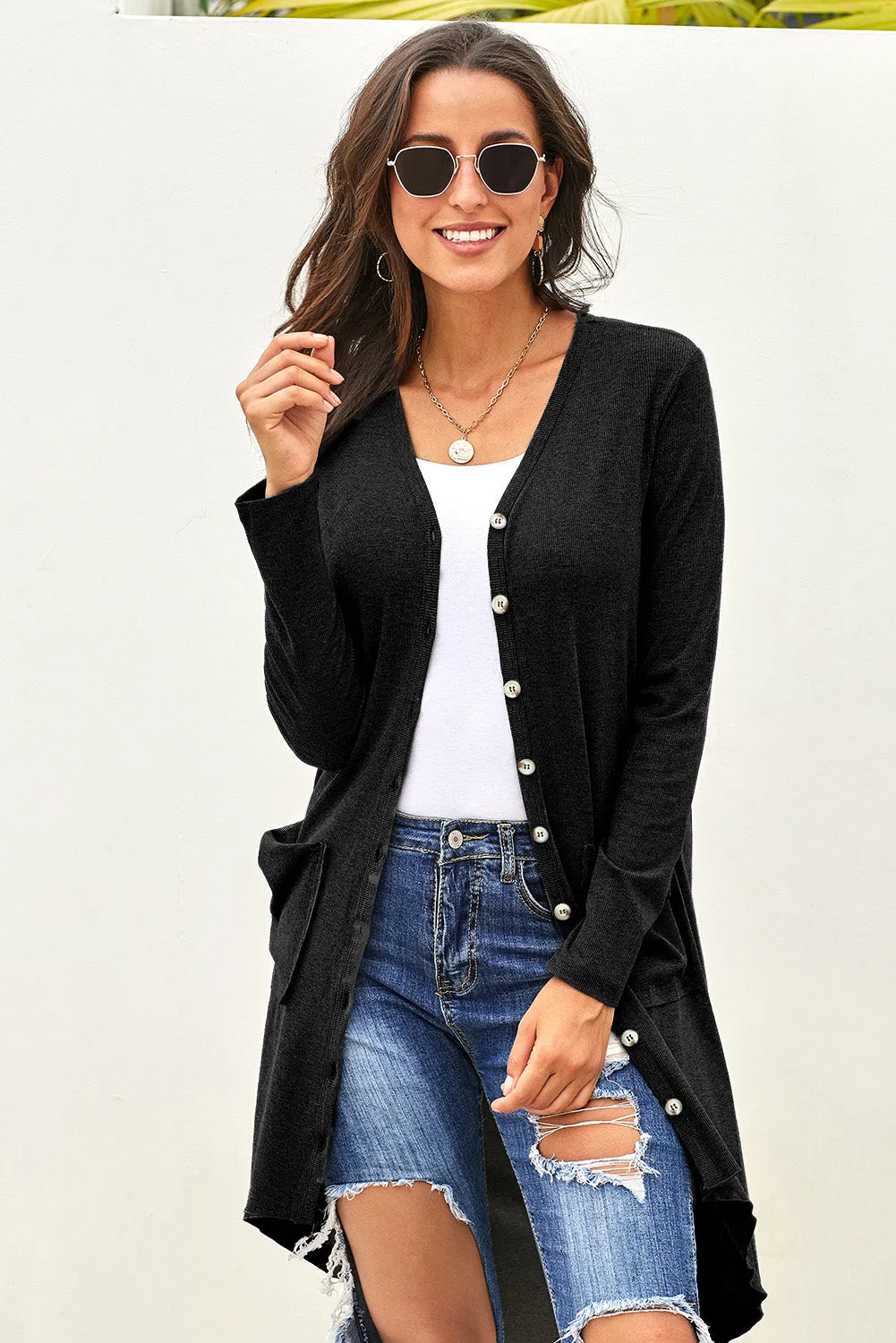 Black Button Down High Low Casual Cardigan