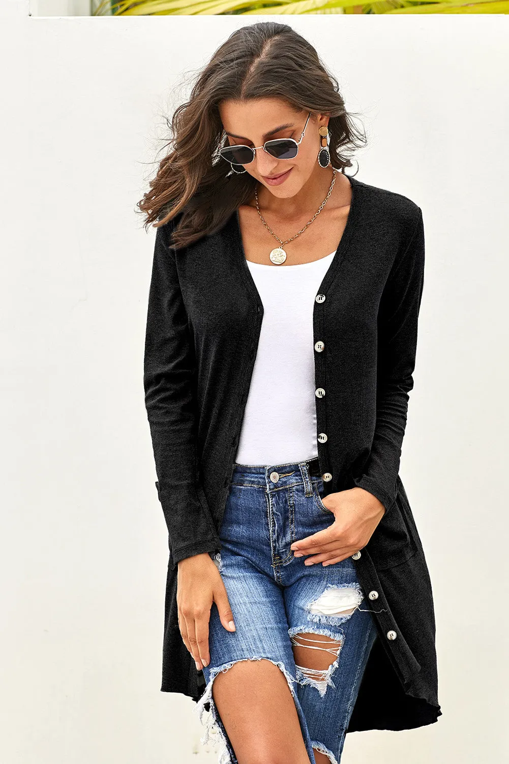 Black Button Down High Low Casual Cardigan