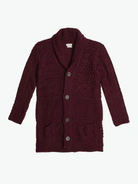 Button Front Shawl Collar Wool Blend Cardigan Burgundy