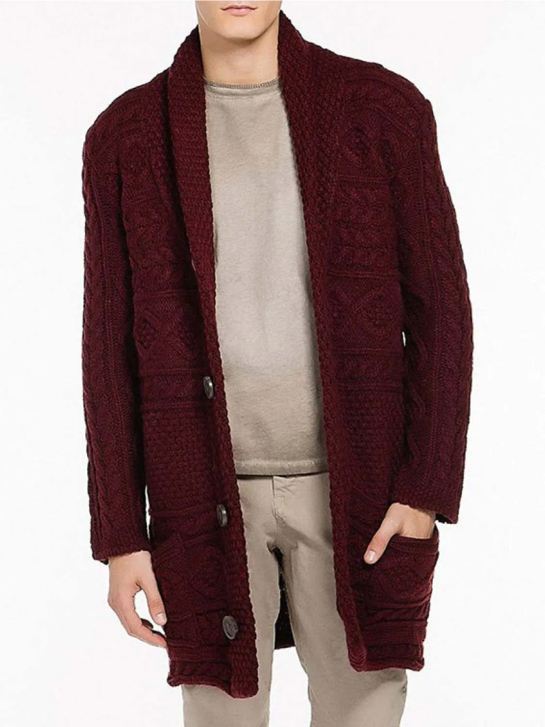 Button Front Shawl Collar Wool Blend Cardigan Burgundy