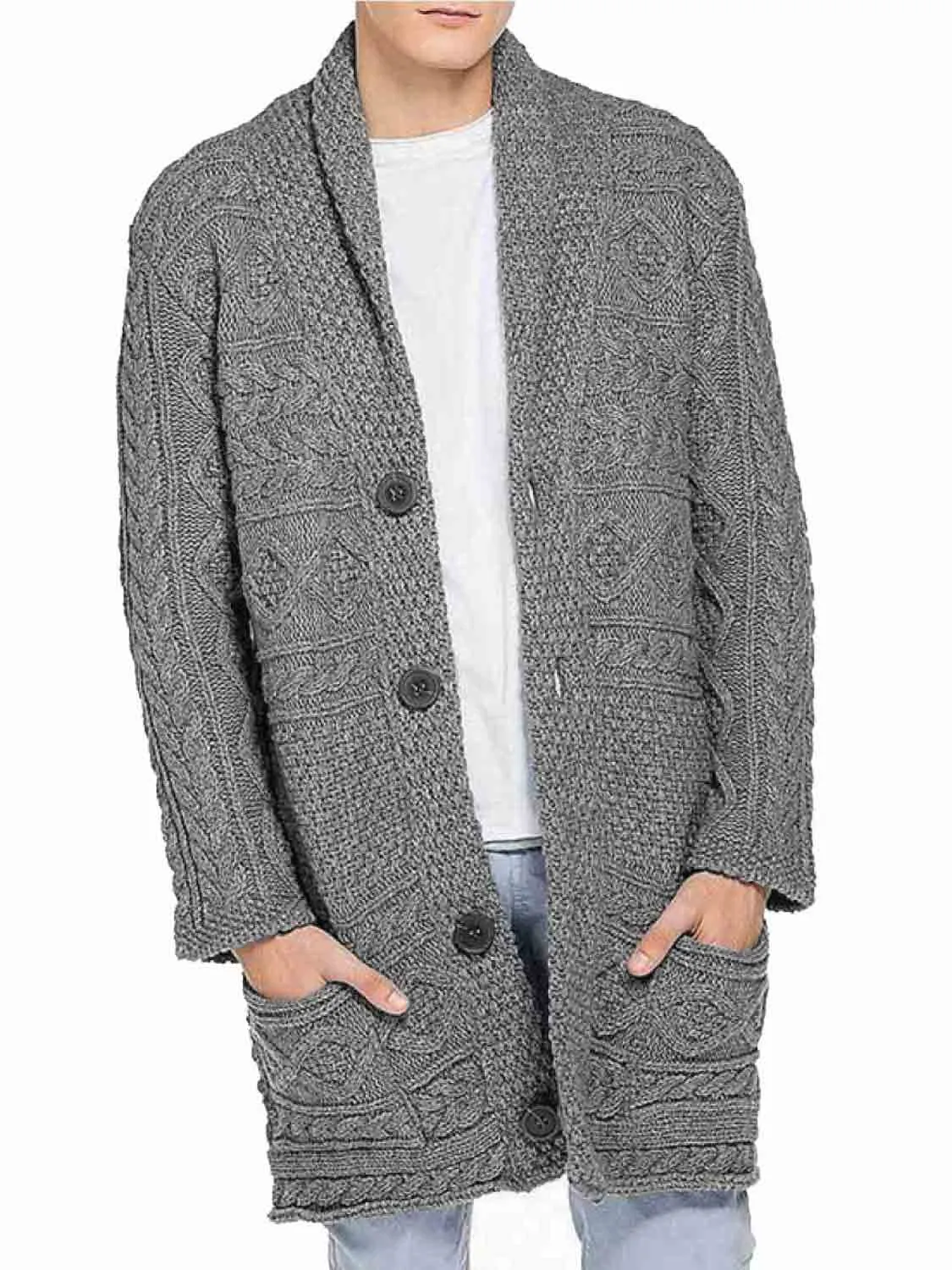 Button Front Shawl Collar Wool Blend Cardigan Grey