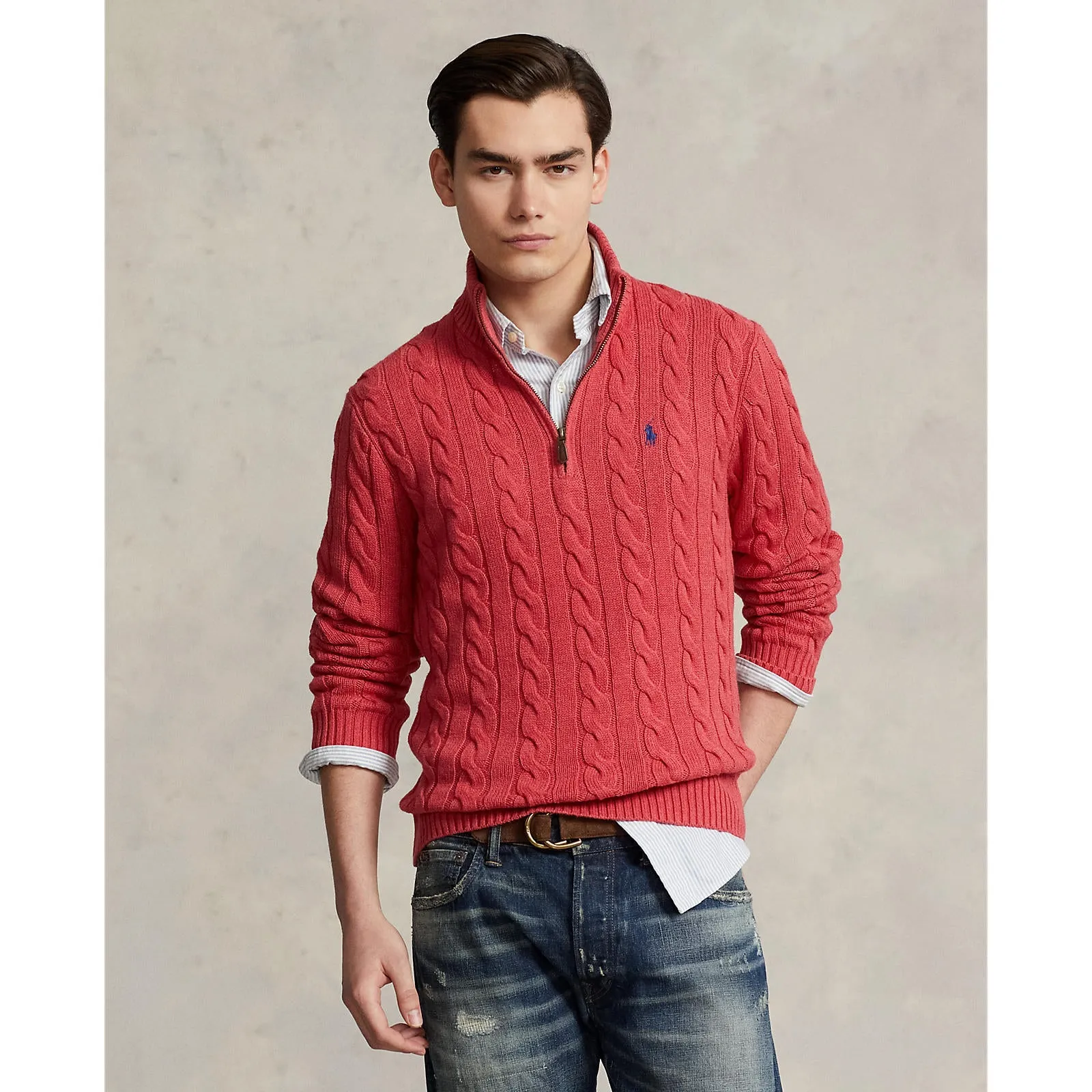 Cable Knit Cotton Sweater - Flush Red Heather