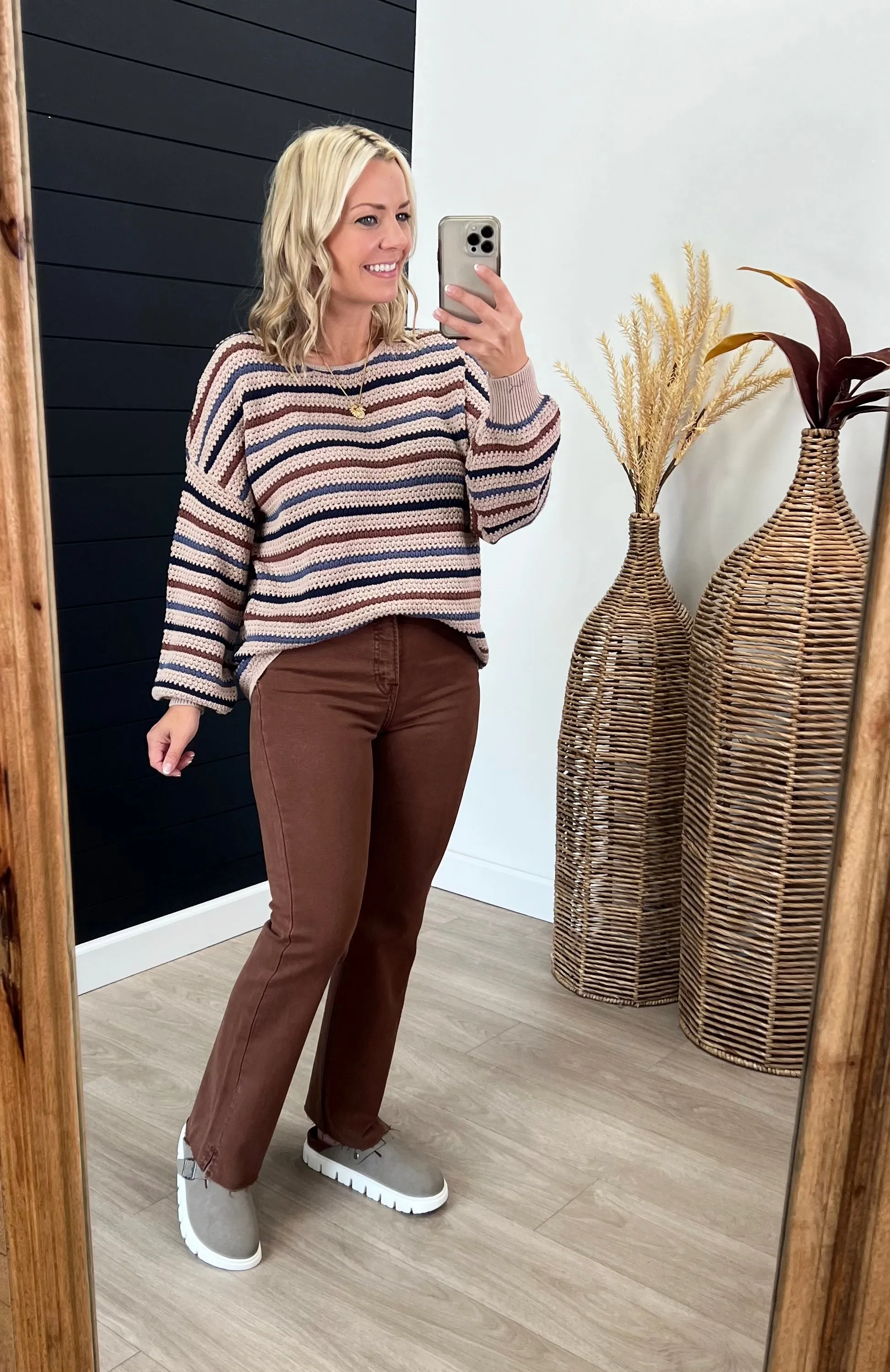 Coffee Striped Knit Pullover