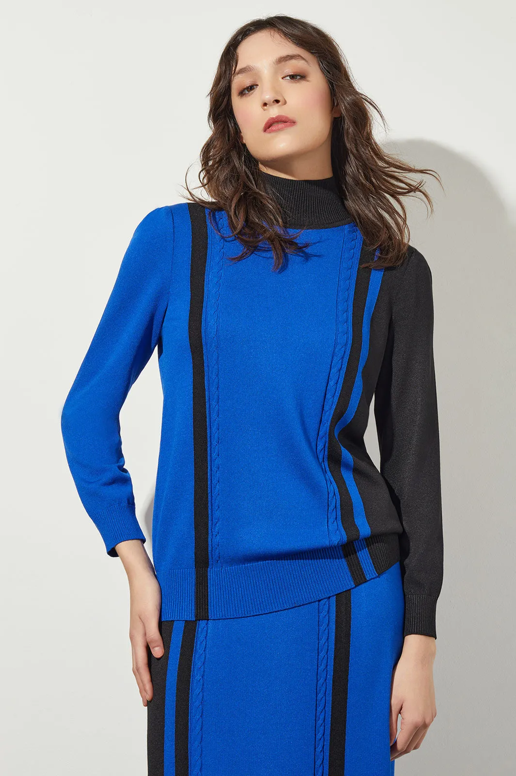 Colorblock Cable Soft Knit Turtleneck Tunic