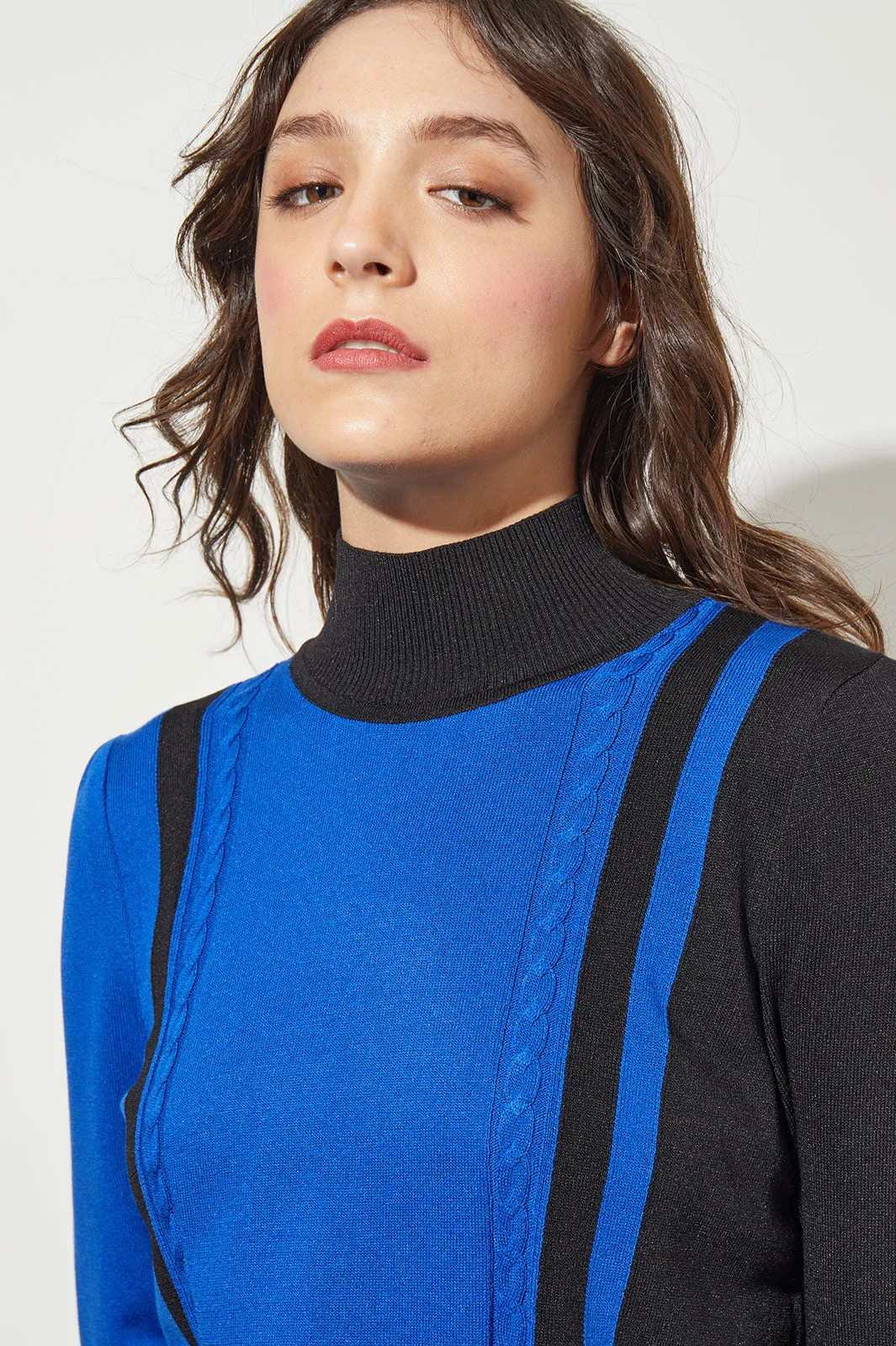 Colorblock Cable Soft Knit Turtleneck Tunic