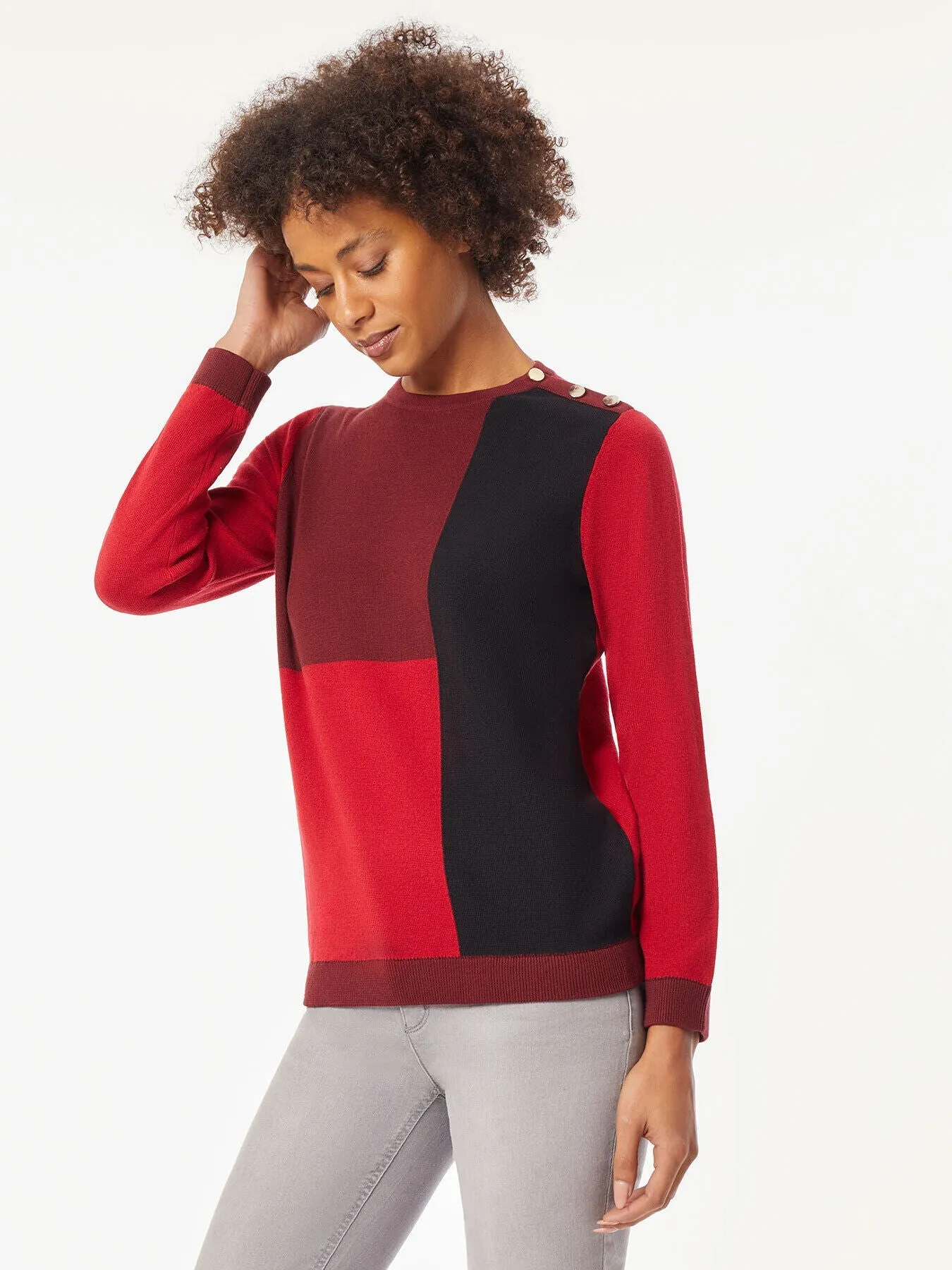 Colorblock Crew Neck Button Detail Sweater