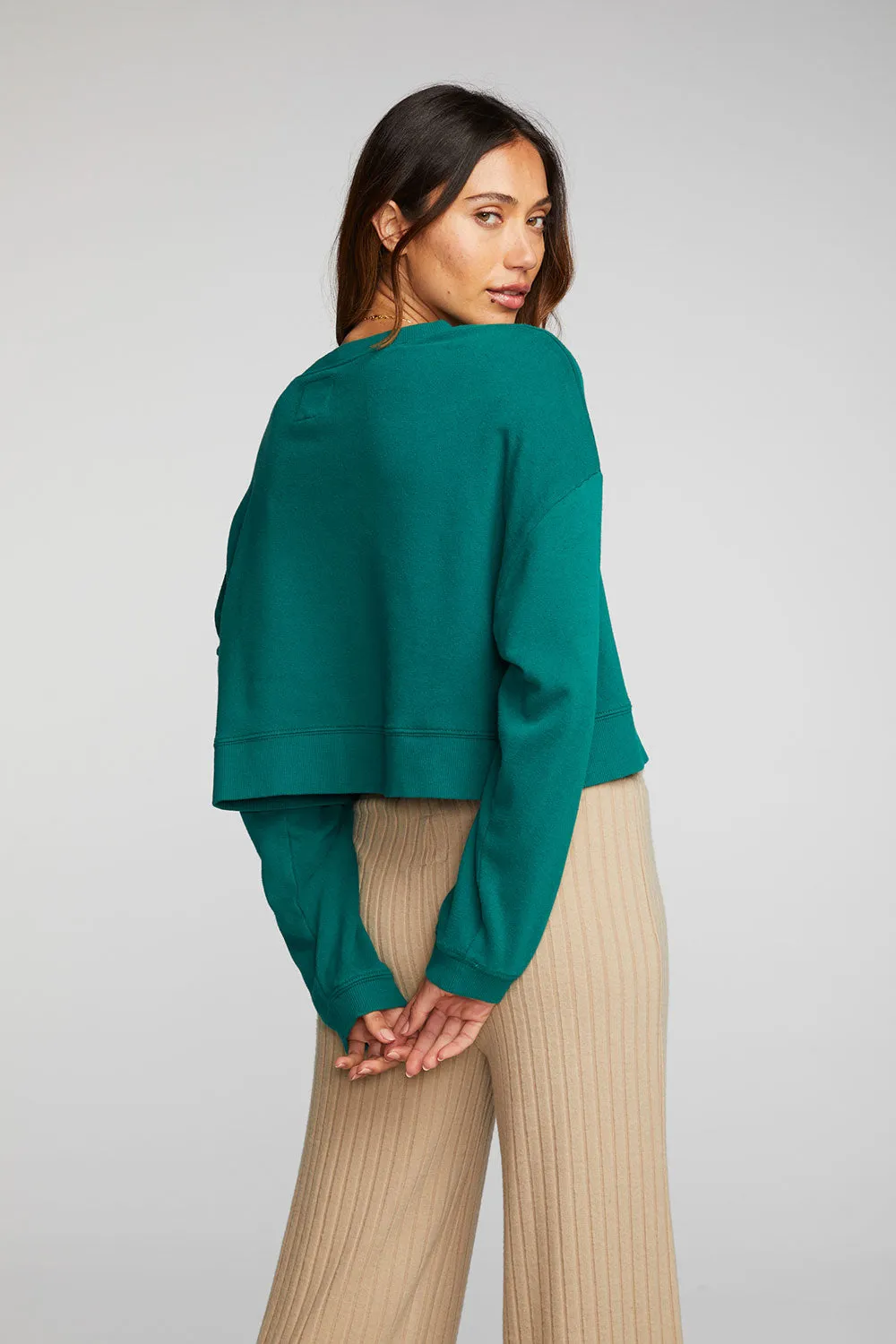 Cotton Fleece Cropped Crewneck Pullover with Rib