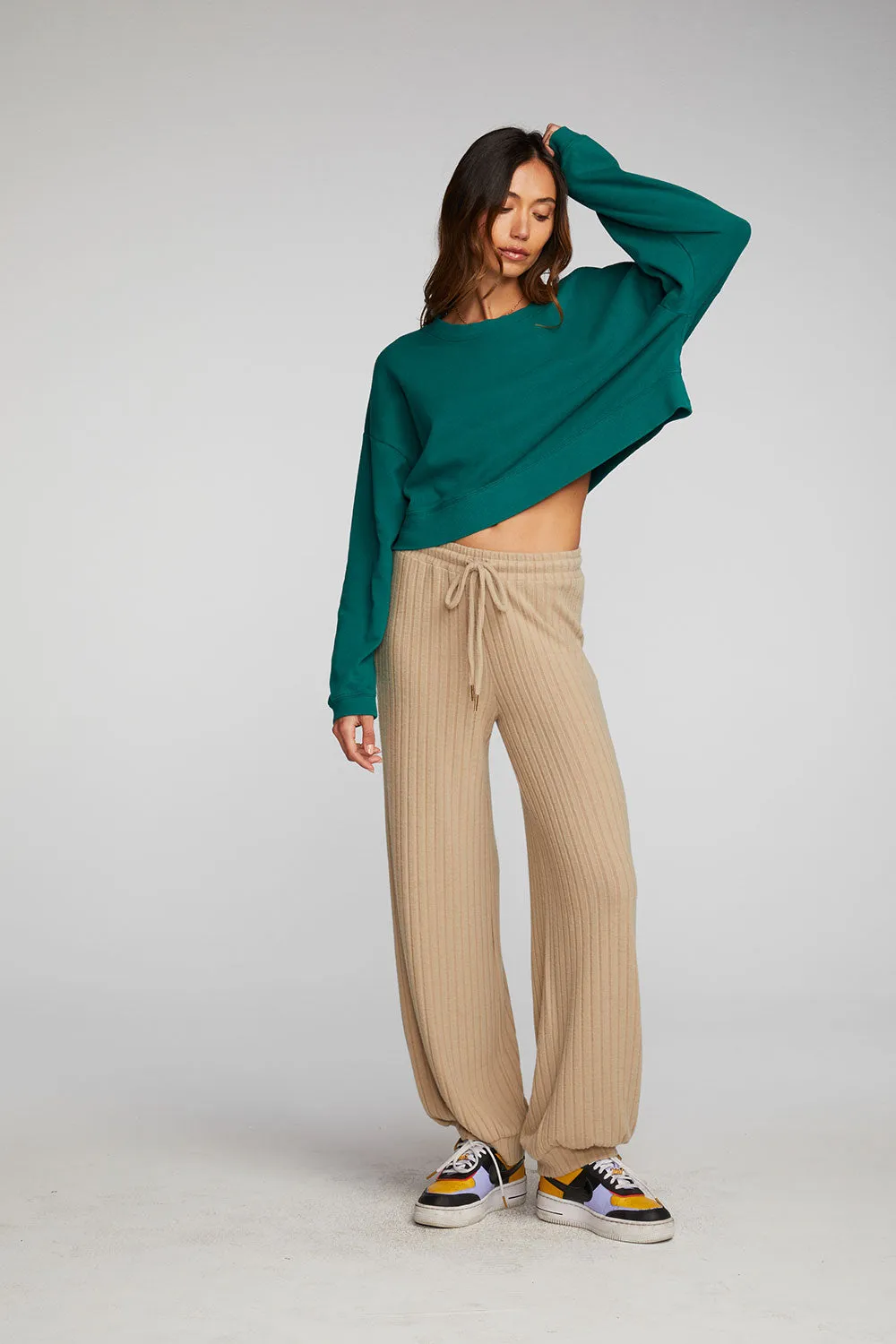 Cotton Fleece Cropped Crewneck Pullover with Rib